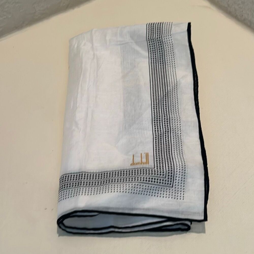 Dunhill Cotton Handkerchief Square Scarf 19x19 White Black Polka Dot Frame Trim